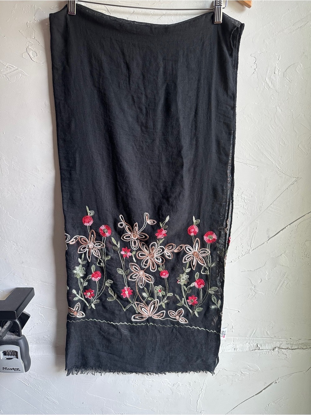 Whimsigoth Embroidered Floral Black Scarf Fairycore Boho Garden Wrap 72”x34”